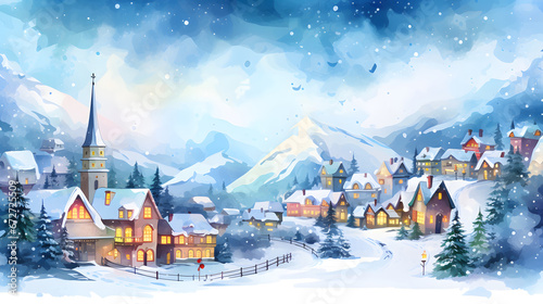 watercolor village santa, Winter or Christmas landscape, fairy tale town, colorful tale houses,. Wonderland, Christmas village , Winter Holidays. New Year © Planetz