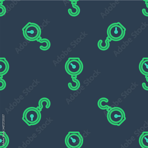 Line Hand scale spring mechanical icon isolated seamless pattern on blue background. Vector