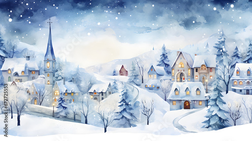 watercolor village santa, Winter or Christmas landscape, fairy tale town, colorful tale houses,. Wonderland, Christmas village , Winter Holidays. New Year