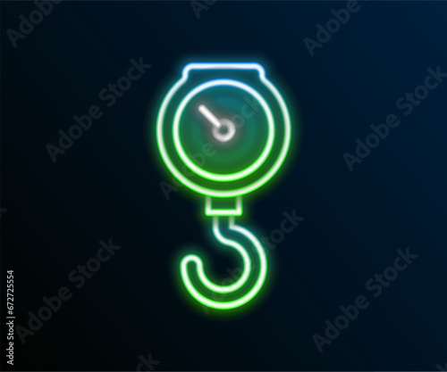 Glowing neon line Hand scale spring mechanical icon isolated on black background. Colorful outline concept. Vector