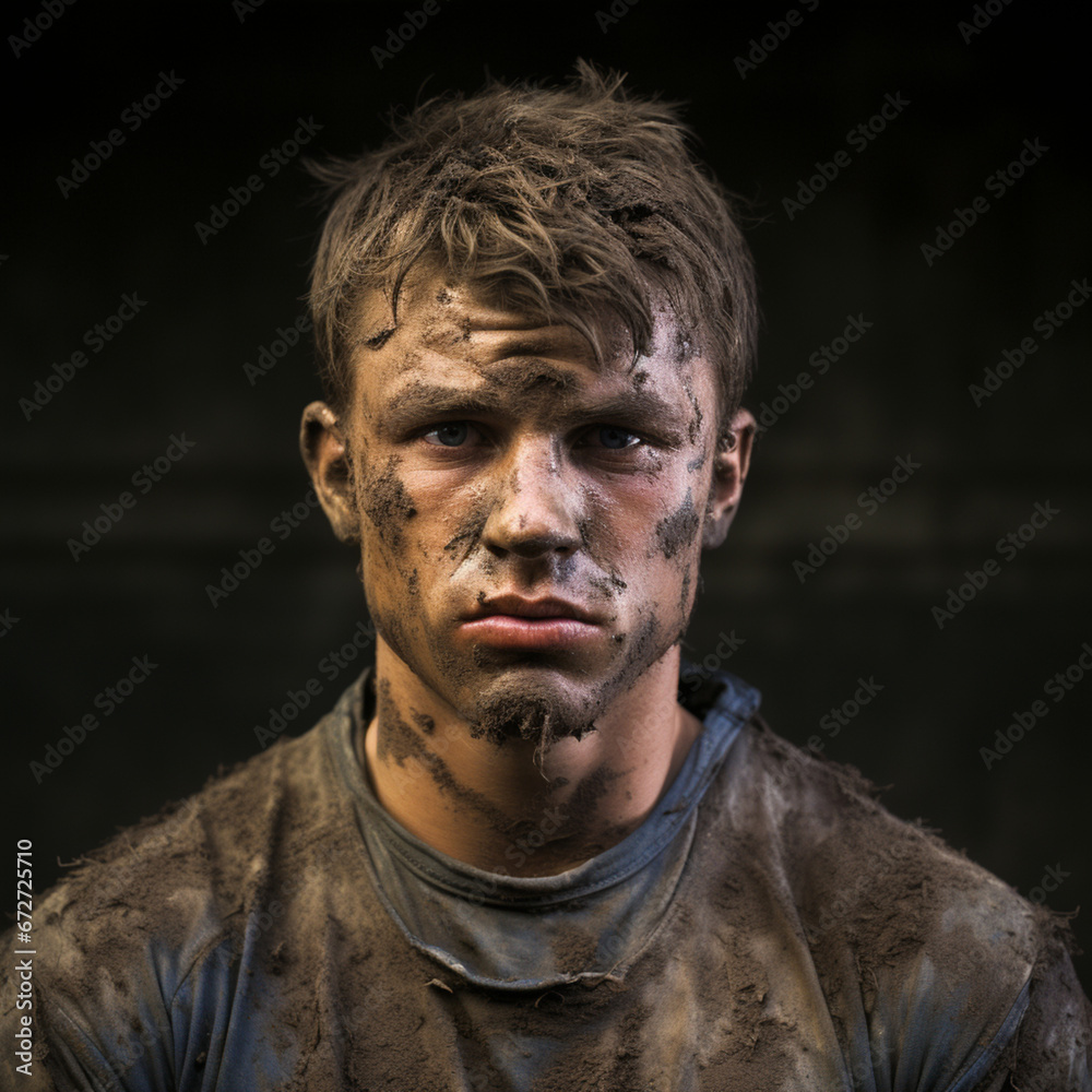 Fototapeta premium Young athlete after playing in a muddy field. Generative AI