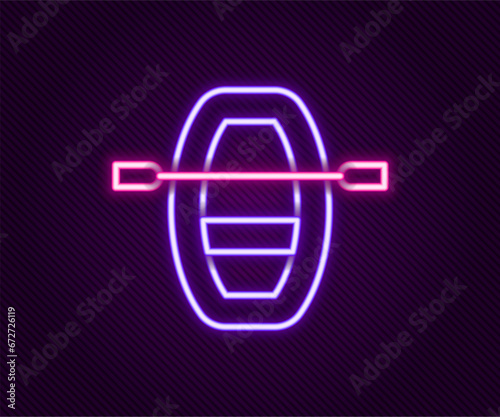 Glowing neon line Boat with oars icon isolated on black background. Water sports, extreme sports, holiday, vacation, team building. Colorful outline concept. Vector