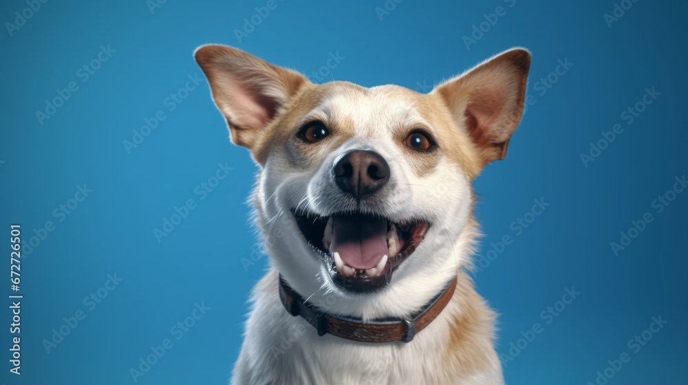 Cute portrait of happy corgi dog with opened mouth on Isolated blue background Cute portrait of happy corgi dog with opened mouth on Isolated blue background
