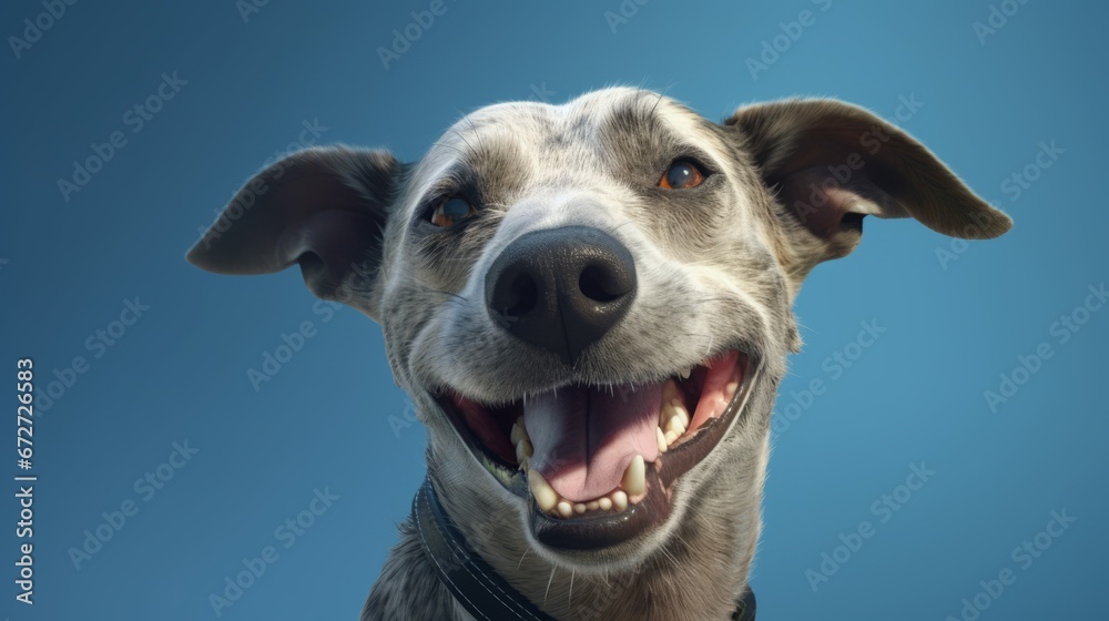 Funny portrait of happy gray dog with opened mouth on Isolated blue background Funny portrait of happy gray dog with opened mouth on Isolated blue background