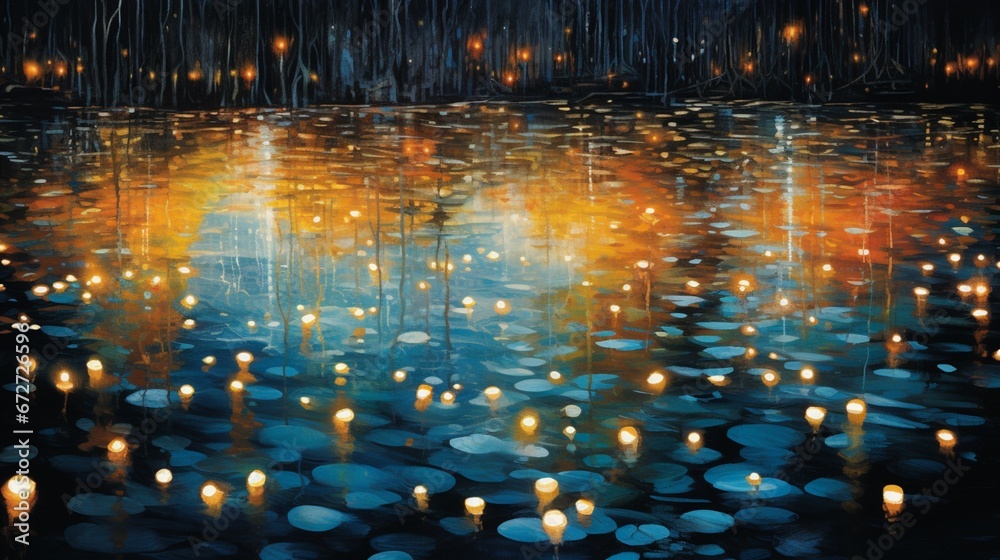 A pattern of twinkling Christmas lights reflecting on a frozen pond's surface.