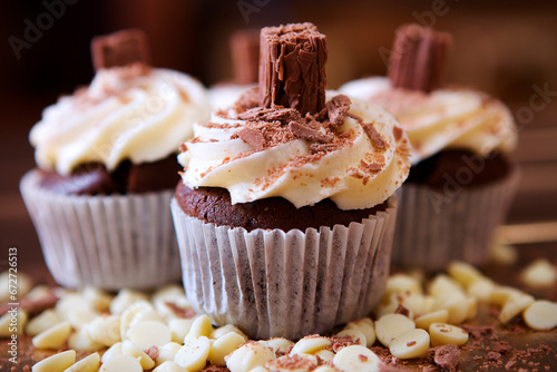 Close up of chocolate flake cupcakes photo