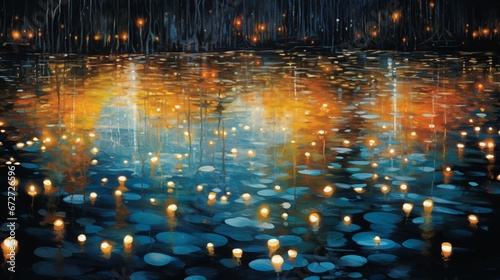 A pattern of twinkling Christmas lights reflecting on a frozen pond s surface.
