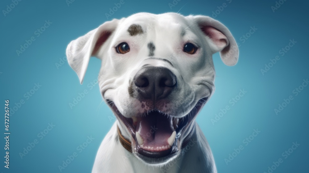 Funny portrait of happy white dog with opened mouth on Isolated blue background
