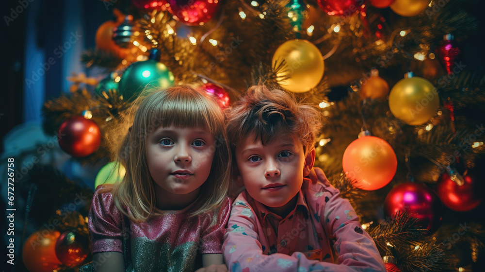 Retro kids celebfrate Christmas Generative AI Retro kids celebfrate Christmas Generative AI