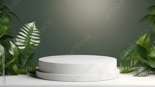 Background for cosmetic products. 3D white marble stone podium product display on green background and tropical palm leaf. Suitable for Product Display and Business Concept.