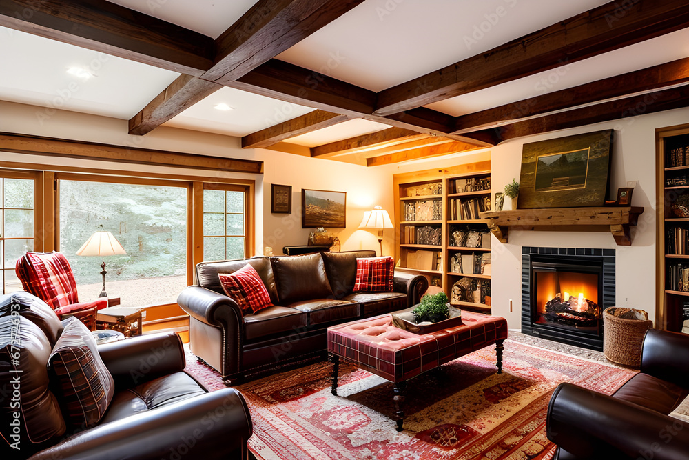 The living room is a cozy and traditional space with a brick fireplace, wooden ceiling beams, a comfortable plaid sofa, and a collection of vintage books. Generative AI The living room is a cozy and traditional space with a brick fireplace, wooden ceiling beams, a comfortable plaid sofa, and a collection of vintage books. Generative AI