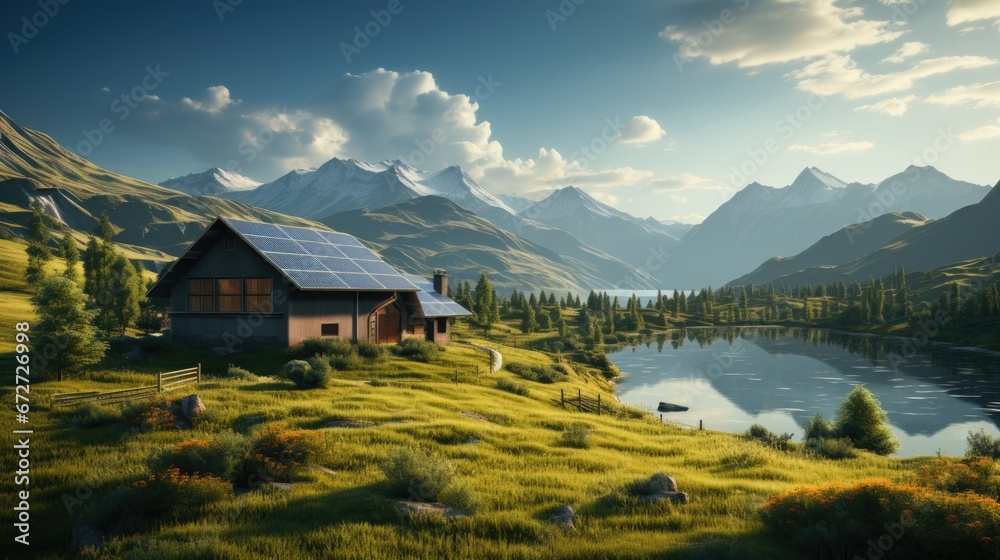 Maison avec panneaux solaire au bord de l'eau avec des montagnes en arrière plan