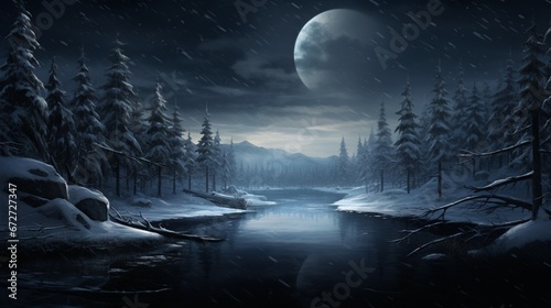 A peaceful winter scene, with a frozen pond and snow-covered pines under the moonlight.