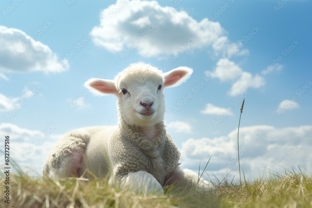 Obraz premium Cute lamb on green grass under blue sky with white clouds.