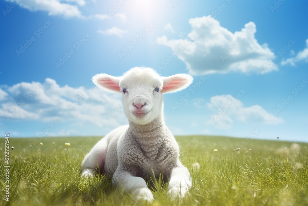 Fototapeta premium Cute lamb on green grass under blue sky with white clouds.