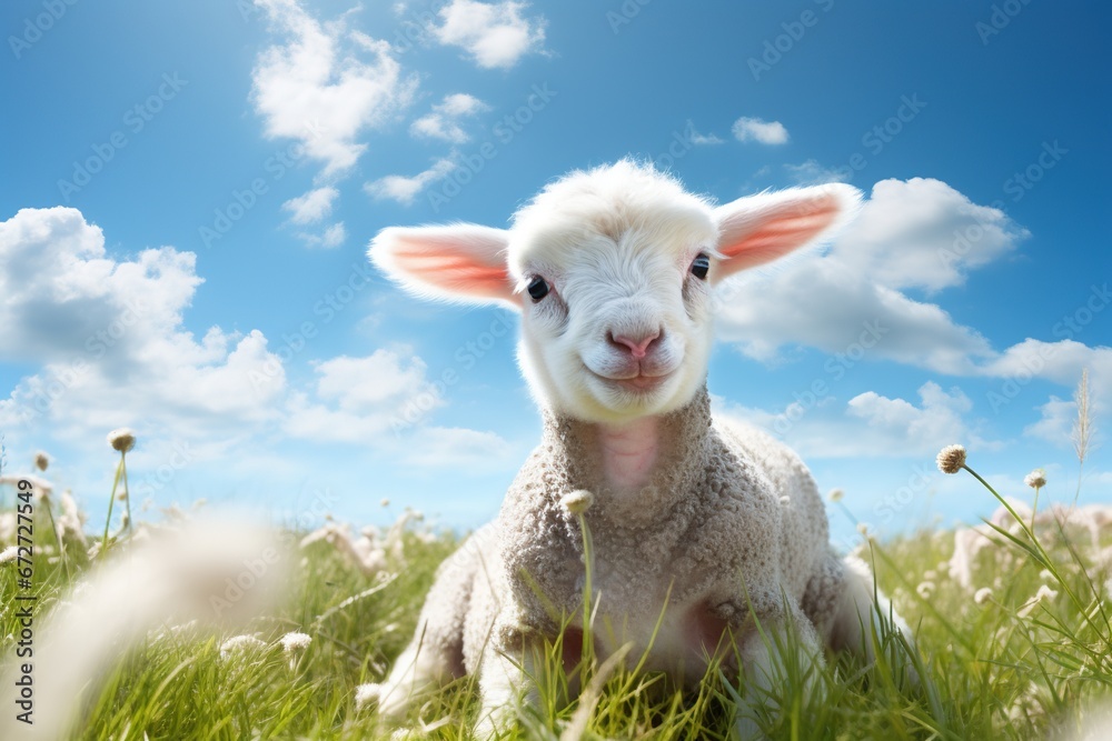 Obraz premium Cute lamb on green grass under blue sky with white clouds.