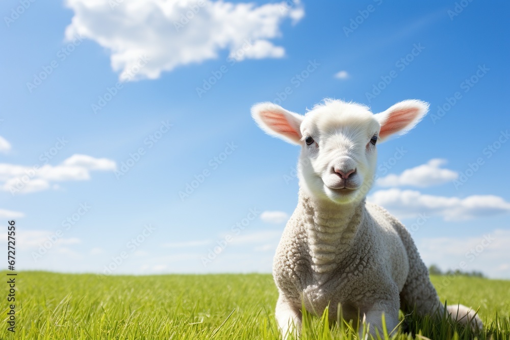Cute lamb on green grass under blue sky with white clouds. Cute lamb on green grass under blue sky with white clouds.