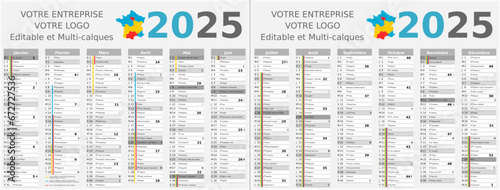 Calendrier 2025 12 mois au format 320 x 420 mm recto verso entièrement modifiable via calques et texte sans serif