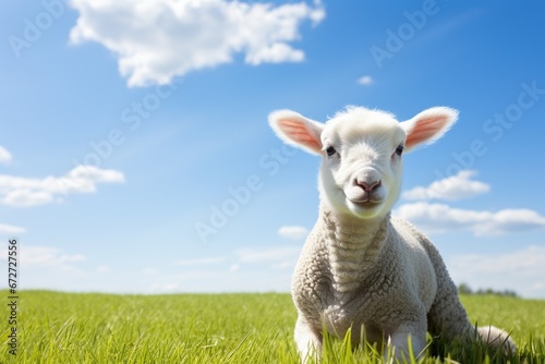 Cute lamb on green grass under blue sky with white clouds. © Rudsaphon