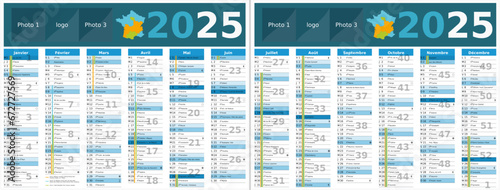 Calendrier 2025 12 mois au format 320 x 420 mm recto verso entièrement modifiable via calques et texte sans serif