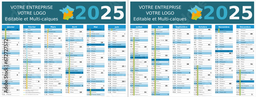 Calendrier 2025 12 mois au format 320 x 420 mm recto verso entièrement modifiable via calques et texte sans serif