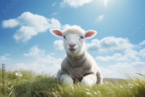 Cute lamb on green grass under blue sky with white clouds. © Rudsaphon