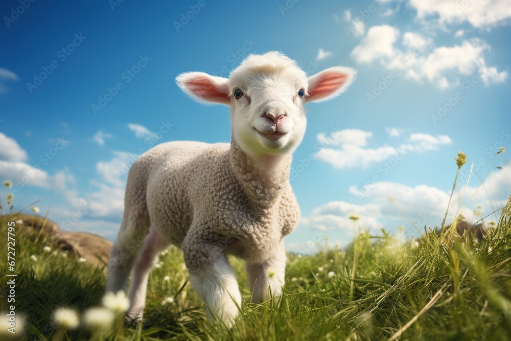 Cute lamb on green grass under blue sky with white clouds. Cute lamb on green grass under blue sky with white clouds.