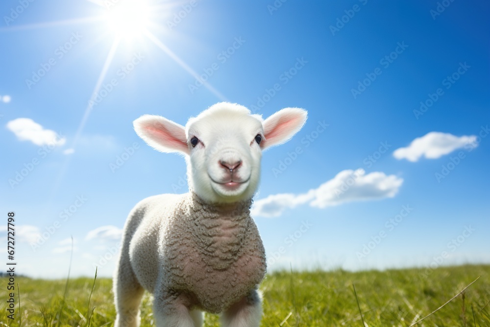 Obraz premium Cute lamb on green grass under blue sky with white clouds.