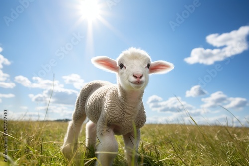 Cute lamb on green grass under blue sky with white clouds.