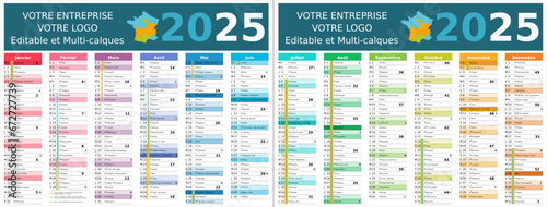 Calendrier 2025 12 mois au format 320 x 420 mm recto verso entièrement modifiable via calques et texte sans serif