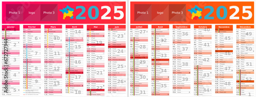 Calendrier 2025 12 mois au format 320 x 420 mm recto verso entièrement modifiable via calques et texte sans serif
