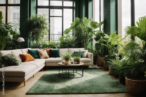 A trendy urban apartment filled with lush green plants, showcasing a modern and eco-friendly living space. Generative A