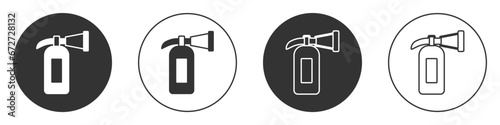 Black Fire extinguisher icon isolated on white background. Circle button. Vector