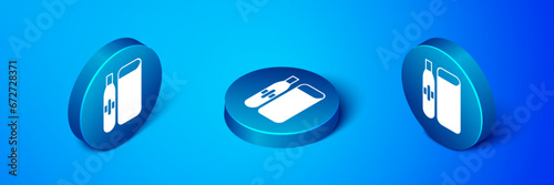 Isometric Electronic cigarette icon isolated on blue background. Vape smoking tool. Vaporizer Device. Blue circle button. Vector