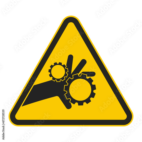 Yellow triangle sign of hand injury pinched on sprocket or gear or cog machine, injury moving part machine for safety danger warning sign
