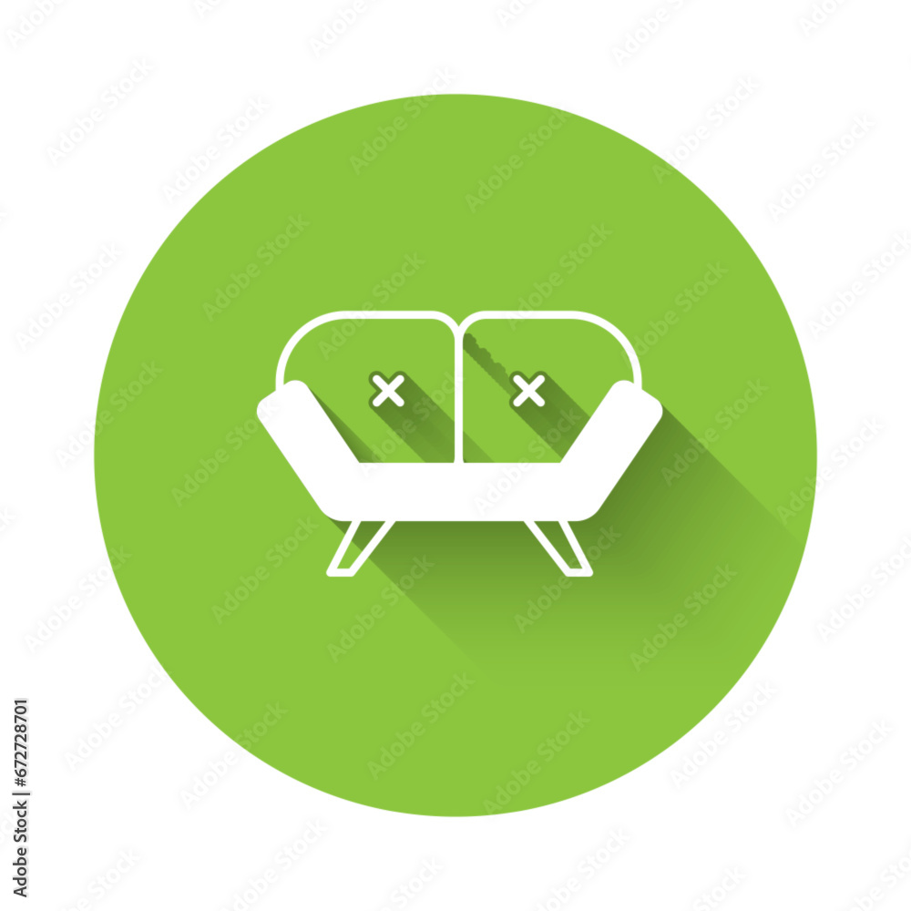White Sofa icon isolated with long shadow background. Green circle button. Vector White Sofa icon isolated with long shadow background. Green circle button. Vector