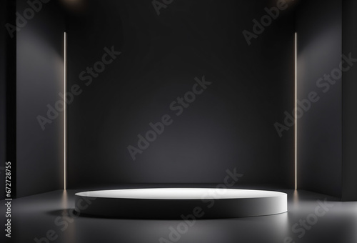 Empty Black Rounded Futuristic Pedestal with White Lights Background for Product Placement