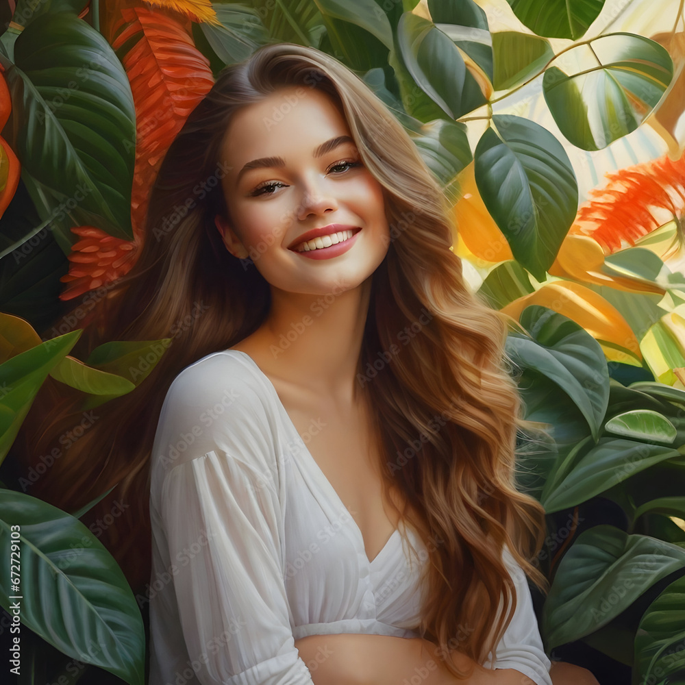 Beautiful girl with long healthy hair and orange flowers in her hair Beautiful girl with long healthy hair and orange flowers in her hair