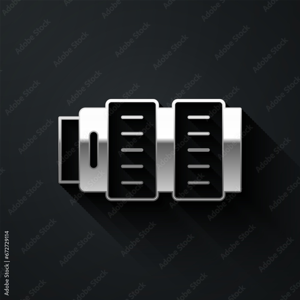 Silver Camera photo lens icon isolated on black background. Long shadow style. Vector