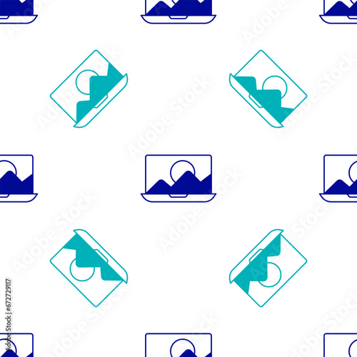 Blue Photo retouching icon isolated seamless pattern on white background. Photographer, photography, retouch icon. Vector