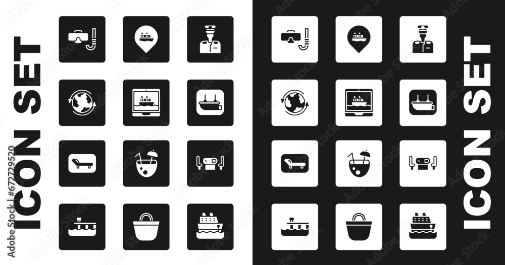 Set Captain of ship, Cruise, Worldwide, Diving mask and snorkel, Lifeboat, Location with cruise, Poker table and Sunbed umbrella icon. Vector Set Captain of ship, Cruise, Worldwide, Diving mask and snorkel, Lifeboat, Location with cruise, Poker table and Sunbed umbrella icon. Vector