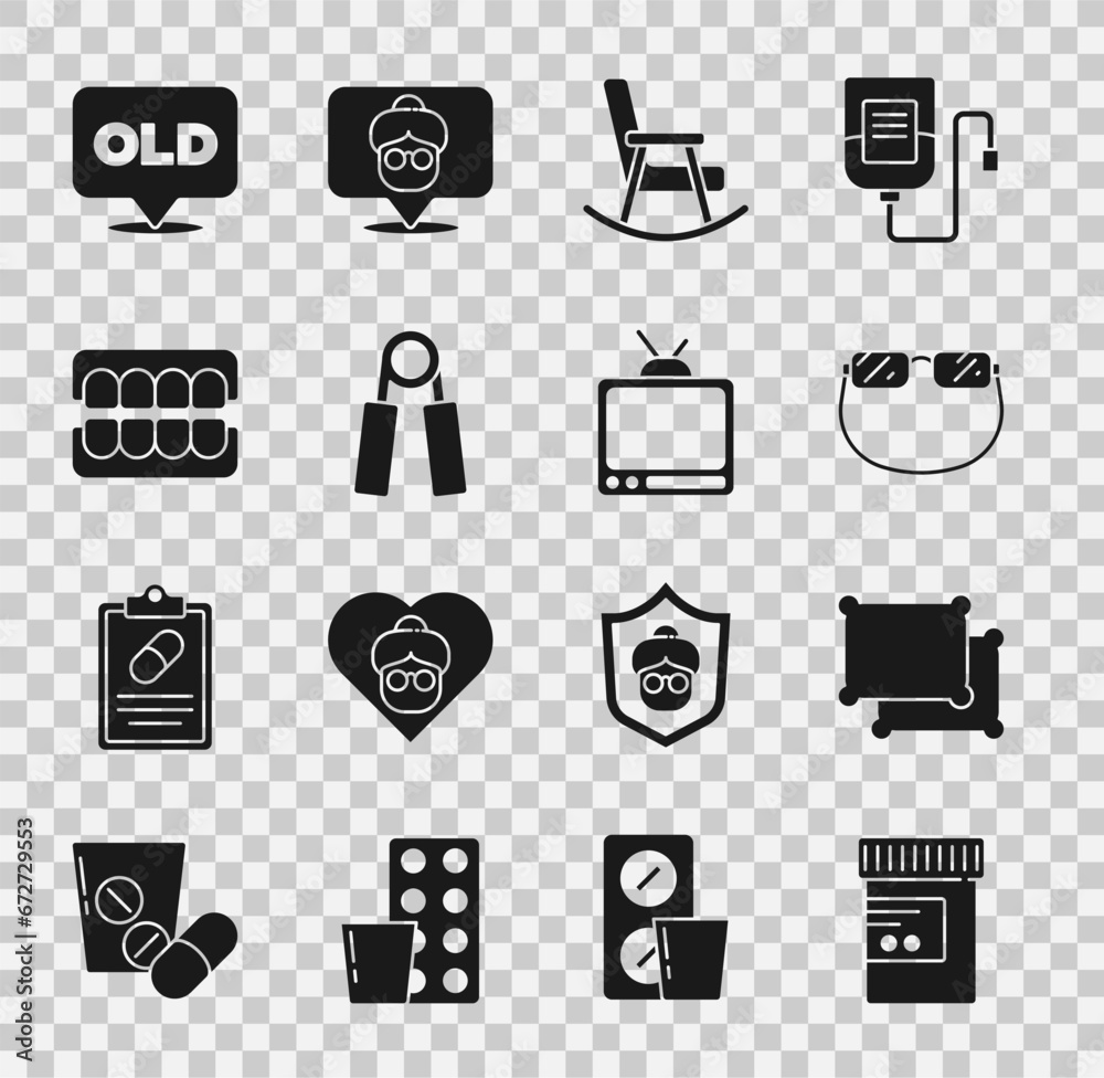Φωτογραφία Set Medicine bottle and pills, Pillow, Eyeglasses, Rocking chair, Sport expander, False jaw, Nursing home and Retro tv icon
