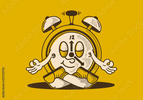 Alarm clock mascot character in meditation pose