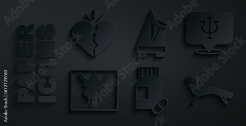 Set Sedative pills, Psychology, Psi, Rorschach test, Armchair, Metronome with pendulum and Broken heart divorce icon. Vector