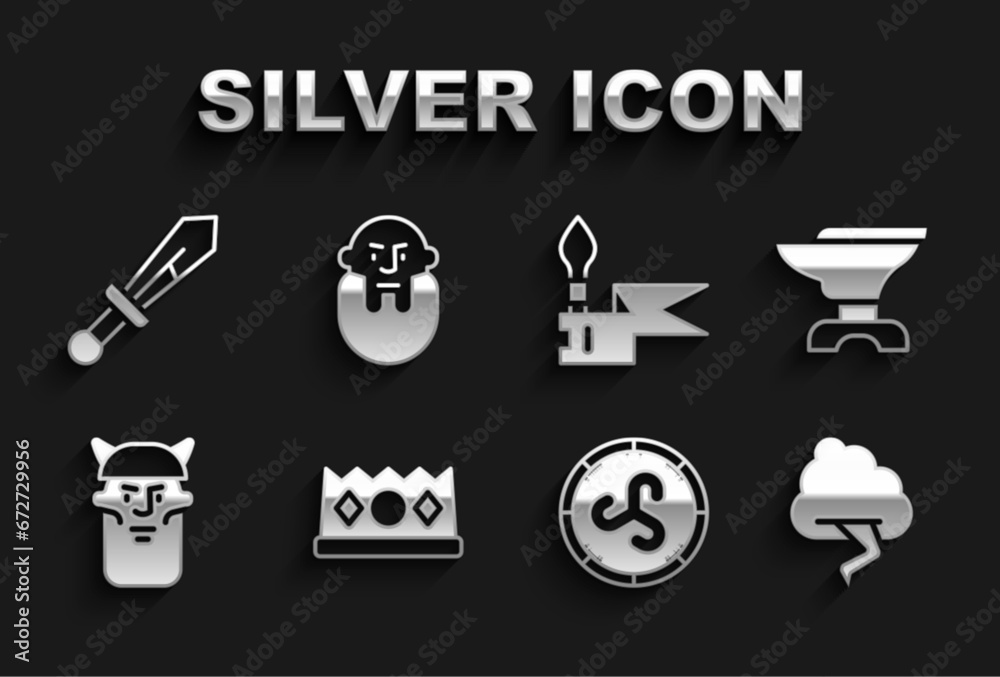 Set King crown, Anvil for blacksmithing, Cloud and lightning, Shield viking, Viking head, Medieval spear, sword and icon. Vector Set King crown, Anvil for blacksmithing, Cloud and lightning, Shield viking, Viking head, Medieval spear, sword and icon. Vector