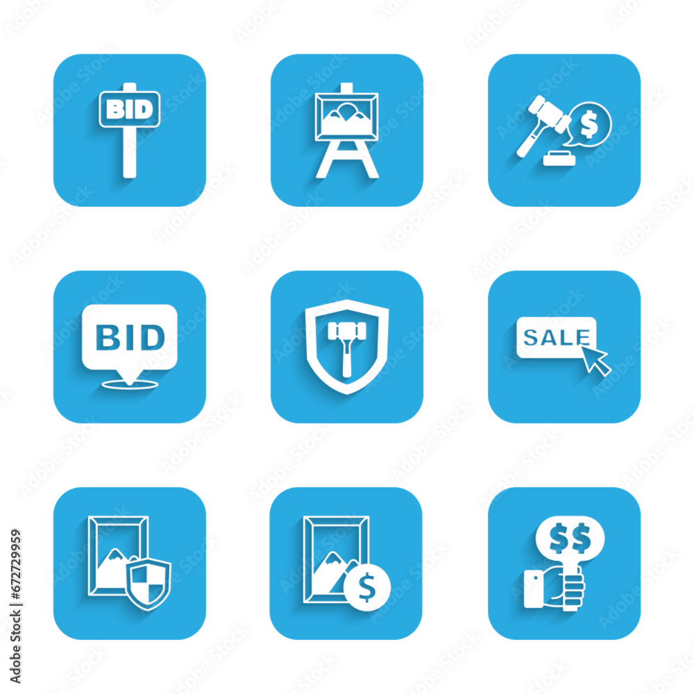 Set Auction hammer, painting, Hand holding auction paddle, Price tag with Sale, Bid, price and icon. Vector Set Auction hammer, painting, Hand holding auction paddle, Price tag with Sale, Bid, price and icon. Vector