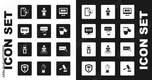 Set Online auction, Price tag with Sale, Bid, Auction ancient vase, auctioneer sells, and icon. Vector