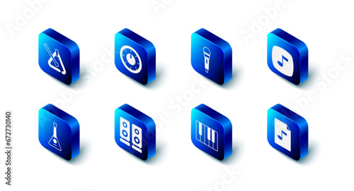Set Sound mixer controller, Microphone, Music note, tone, MP3 file document, synthesizer, Stereo speaker, Balalaika and Triangle musical instrument icon. Vector