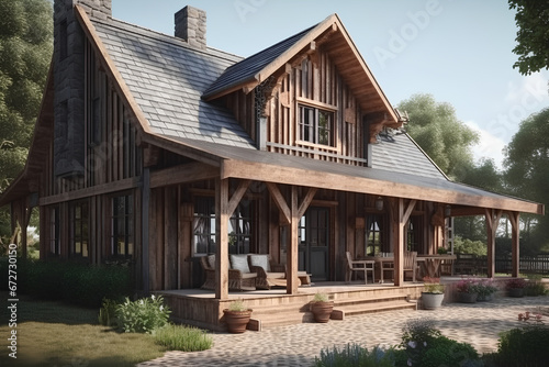 Private barn house with terrace. Traditional barnhouse architecture.