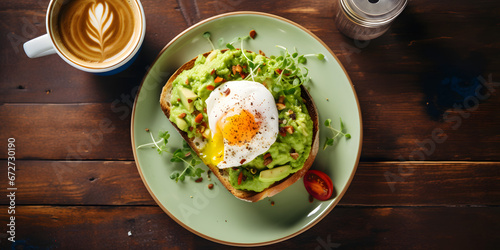 brunch with avocado taost and cofe, wooden table, photography, top view photo